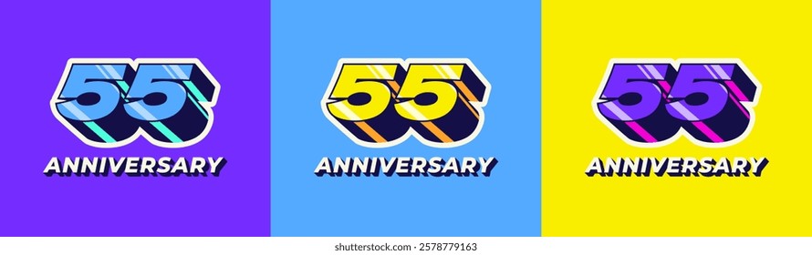 Logo 3D Retro Long Shadow Colorful 55th, 55th Happy Anniversary in Colorful 3D Retro with long shadow and Glossy effect. Modern and Old concept.
