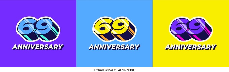 Logo 3D Retro Long Shadow Colorful 69th, 69th Happy Anniversary in Colorful 3D Retro with long shadow and Glossy effect. Modern and Old concept.