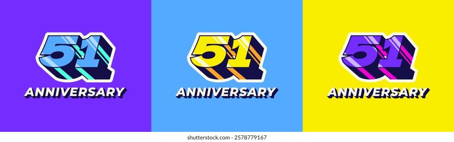 Logo 3D Retro Long Shadow Colorful 51th, 51th Happy Anniversary in Colorful 3D Retro with long shadow and Glossy effect. Modern and Old concept.