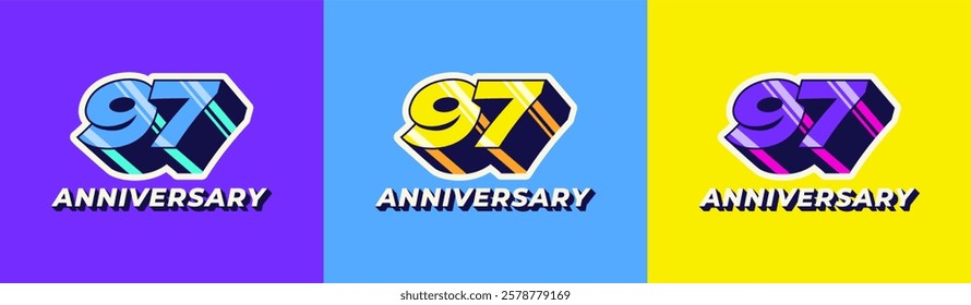 Logo 3D Retro Long Shadow Colorful 97th, 97th Happy Anniversary in Colorful 3D Retro with long shadow and Glossy effect. Modern and Old concept.