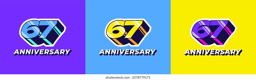 Logo 3D Retro Long Shadow Colorful 67th, 67th Happy Anniversary in Colorful 3D Retro with long shadow and Glossy effect. Modern and Old concept.