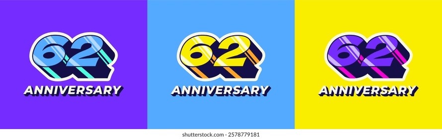Logo 3D Retro Long Shadow Colorful 62th, 62th Happy Anniversary in Colorful 3D Retro with long shadow and Glossy effect. Modern and Old concept.