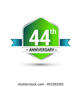 Logo 44th anniversary celebration isolated in green hexagon shape and blue ribbon colored, vector design.