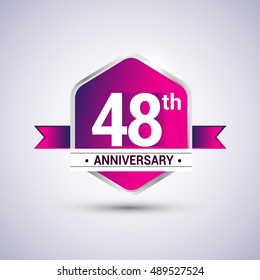 Logo 48th anniversary celebration isolated in red hexagon shape and blue ribbon colored, vector design.
