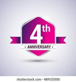 Logo 4th anniversary celebration isolated in red hexagon shape and red ribbon colored, vector design.