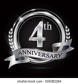 logo of the 4th anniversary celebration isolated with silver ring and ribbon.