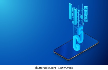Logo 5G. The antenna of telecommunication on a smartphone. New innovative broadband data function.