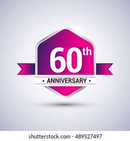 Logo 60th anniversary celebration isolated in red hexagon shape and blue ribbon colored, vector design