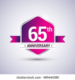 Logo 65th anniversary celebration isolated in red hexagon shape and red ribbon colored, vector design.