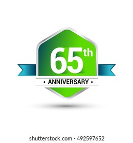 Logo 65th anniversary celebration isolated in green hexagon shape and blue ribbon colored, vector design.