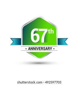 Logo 67th anniversary celebration isolated in green hexagon shape and blue ribbon colored, vector design
