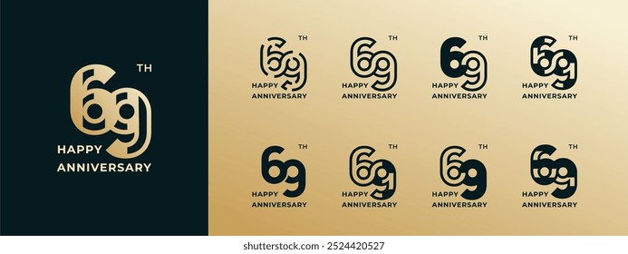 Logo 69th, years happy anniversary gold, Creative design template for celebration, birthday, greeting and invitation. Editable file