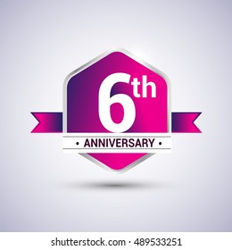 Logo 6th anniversary celebration isolated in red hexagon shape and red ribbon colored, vector design.
