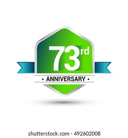 Logo 73rd anniversary celebration isolated in green hexagon shape and blue ribbon colored, vector design.