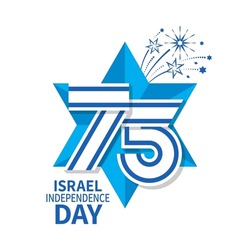 Logo For The 75rd Independence Day Of Israel. Star Of David With Number 75 In The Form Of The Israeli Flag And Fireworks