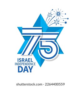 Logo for the 75rd Independence Day of Israel. Star of David with number 75 in the form of the Israeli flag and fireworks - Shutterstock ID 2264400559