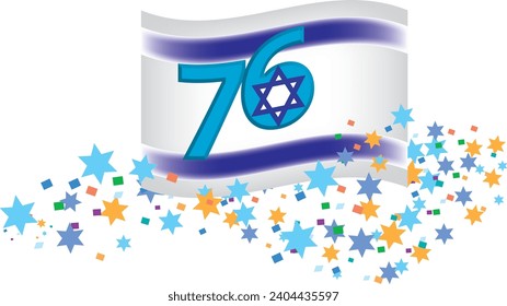 Logo for the 76 Independence Day of Israel. Israeli flag and confetti.