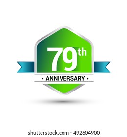 Logo 79th anniversary celebration isolated in green hexagon shape and blue ribbon colored, vector design.