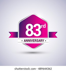 Logo 83rd anniversary celebration isolated in red hexagon shape and red ribbon colored, vector design.