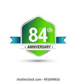 Logo 84th anniversary celebration isolated in green hexagon shape and blue ribbon colored, vector design.