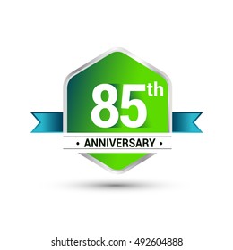 Logo 85th anniversary celebration isolated in green hexagon shape and blue ribbon colored, vector design.