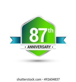 Logo 87th anniversary celebration isolated in green hexagon shape and blue ribbon colored, vector design