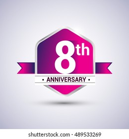 Logo 8th anniversary celebration isolated in red hexagon shape and red ribbon colored, vector design.