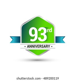 Logo 93rd anniversary celebration isolated in green hexagon shape and blue ribbon colored, vector design.