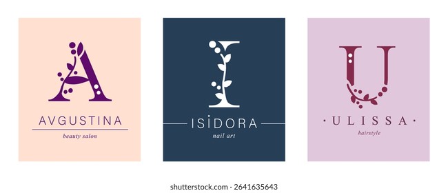 Logo A, capital letter I, U. Monogram of Botanical Minimalistic, Initial. with Organic Plant Elements. Vector design.