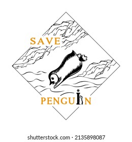 A logo about saving penguins, a banner with a black-and-white illustration of a bird rolling down a mountain on ice, and a creative text about nature conservation in the Arctic