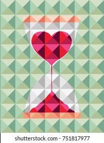 Logo, abstract crystal geometry banner and hourglass with sand in the form of heart, origami, vector illustration