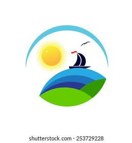logo. The abstract globe, the nature and the ship with a flag