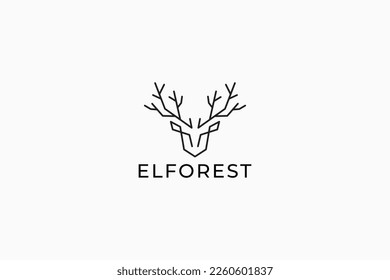 Logo Abstract Head Deer and Horn Branch for Elf Forest Branding Idea Simple Outline Shape