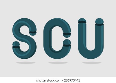 Logo of  abstract letters. letter C and U. 3D Letters made from pipes. Business design template. Vector illustration.