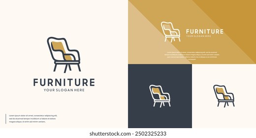 Logotipo con estilo de arte de línea abstracta, muebles interiores, silla, Plantilla de Diseño gráfico.