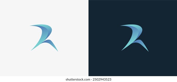 Logo abstract minimalist Letter R with meaning wings fly freedom, unique, tech, apps and web. Minimal modern and simple design. Editable file