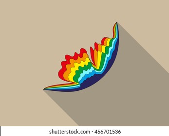 Logo with abstract rainbow butterfly in the centre with shadow on a light brown background