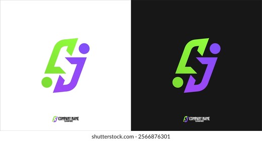 a logo with an abstract shape that resembles 2 letters J combined with green and purple.