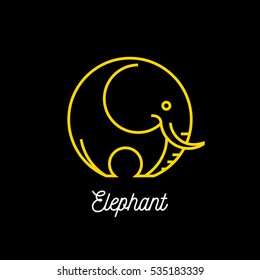 Logo of an abstract yellow line elephant icon on black background. Vector illustration.