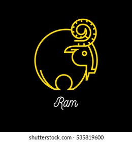 Logo of an abstract yellow line wild ram icon on black background. Vector illustration.