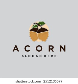 Logo Acorn, Desain Kacang Dengan Daun Ek Sederhana, Vektor Ilustrasi Templet