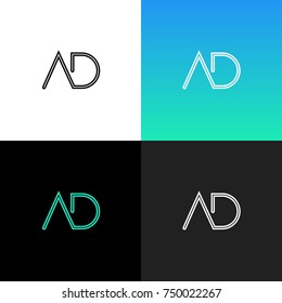 Logo AD. Linear logo of the letter a and d for companies and brands with a blue gradient. Set of minimalistic monogram design.