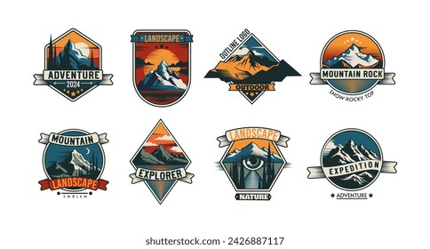 Logo adventure, badge Mountain. Vintage design, retro emblem with ribbon, stamp label nature hiking, icon sign, wilderness, hill Alps, outline snow rocky. Park nature, Vector isolated illustration