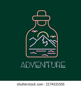 LOGO ADVENTURE BOTTLE es una caricatura vectorial, un doodle lindo con Neon Lights. Adecuado para el diseño de camisetas, mercadería, pegatinas, logotipos de tiendas, etc.