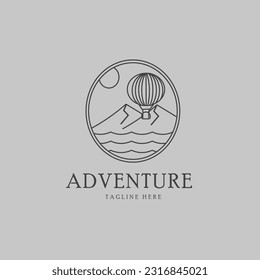 logo adventure line art logo vector concept with emblem illustration template design icon mountain and air ballon design