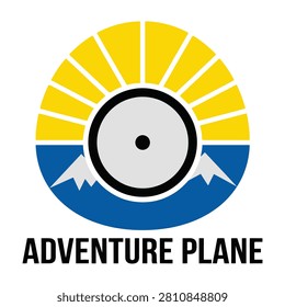 Logo of adventure plane with mountains and sun, symbolizing travel and exploration