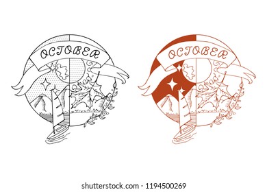 Logo for adventure and travel and October isolated on white background. Inscription October on background of mountains and autumn leaf. Hand drawn design vector black sketch illustration.