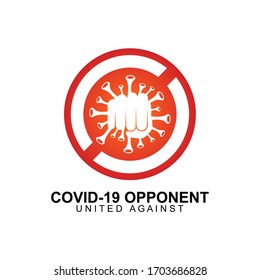 logo against the corona virus. Hand logo punching Covid-19 virus.  eradicate covid-19 disease. symbol of resistance in coronavirus. STOP CORONAVIRUS, STOP COVID-19