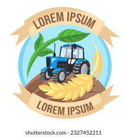 Logo for agriculture company. Blue tractor on field during cultivation work inside circle of wheat and green plant with flags around - vector image. Agriculture and rural concept 