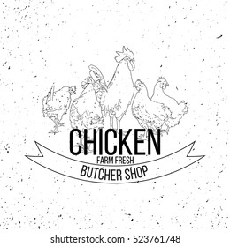 Logo of agriculture Poultry. Chicken hand-drawn silhouette, farm fresh, butcher shop. 